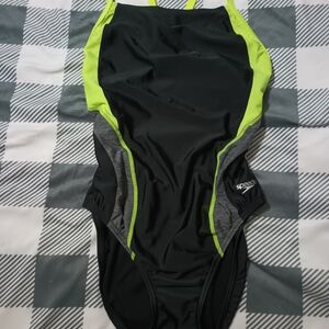 Speedo Black and Neon Yellow Green One-Piece Swimsuit
